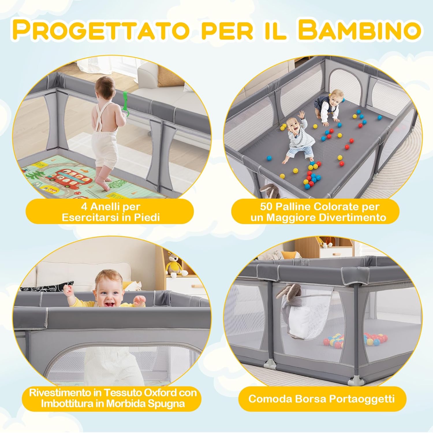 Recinto per Bambini con Materasso, Box per Bambini con Tappetino, Rete Traspirante e Apertura a Cerniera, Box Giochi con Borsa, 4 Impugnature e 50 Palline, per Bambibi 0-3 Anni (Grigio Scuro)