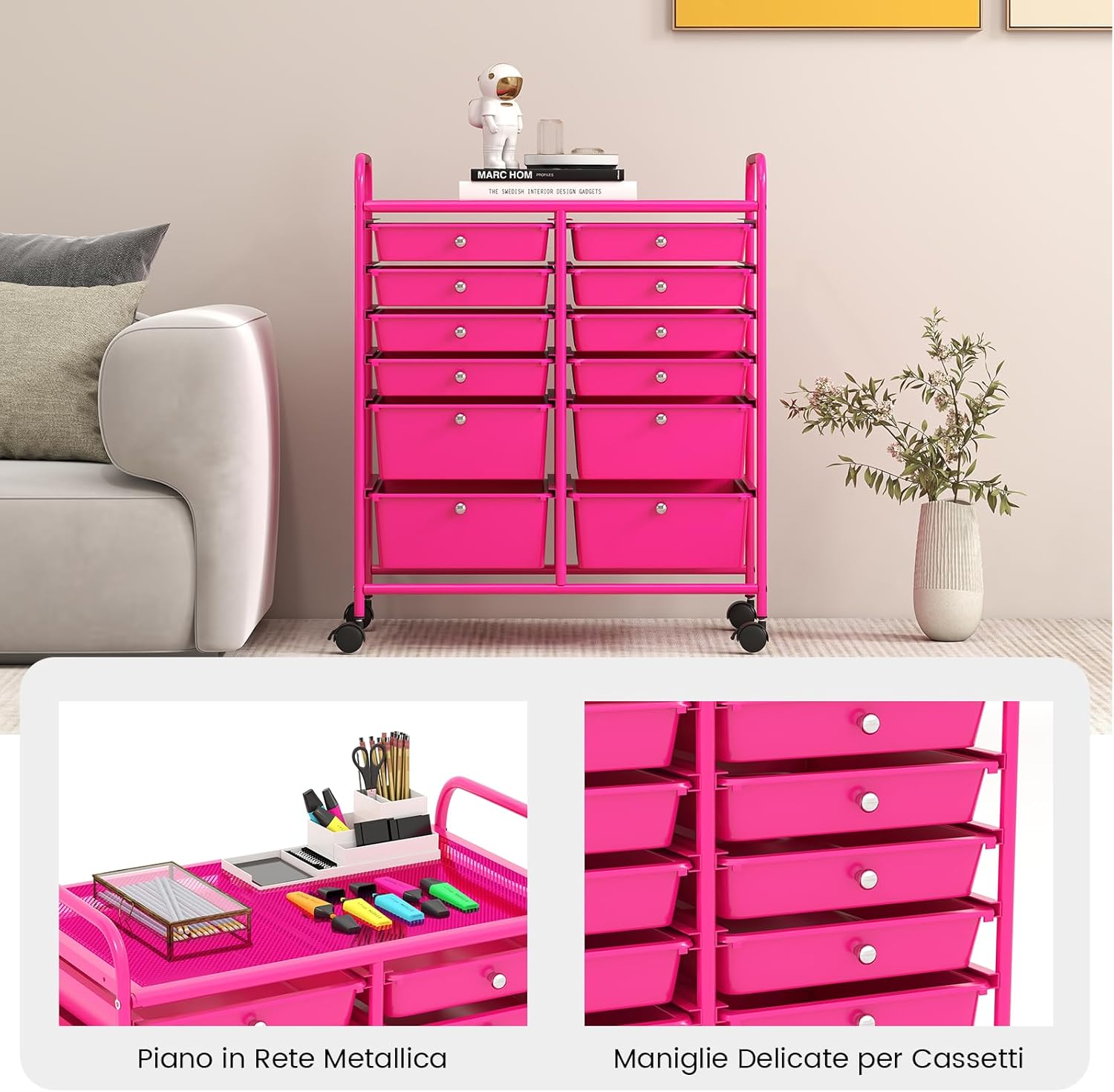 Carrello con 12 Cassetti con Ruote, Carrello di Stoccaggio Multiuso con Ampio Spazio di Archiviazione, Ideale per Casa Ufficio Domestico, 73,5 x 37 x 63 cm (Rosa)