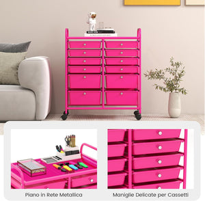 Carrello con 12 Cassetti con Ruote, Carrello di Stoccaggio Multiuso con Ampio Spazio di Archiviazione, Ideale per Casa Ufficio Domestico, 73,5 x 37 x 63 cm (Rosa)