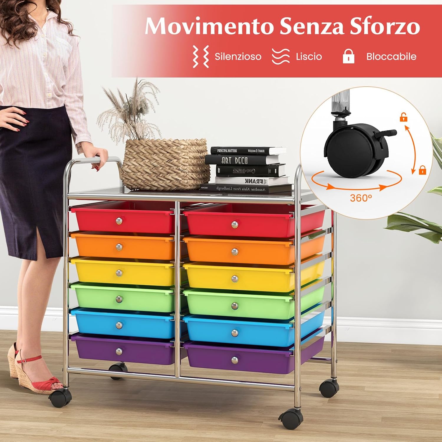 Carrello di Stoccaggio con 12 Cassetti, Carrello portaoggetti con 4 Ruote, Carrello Multiuso per Scuola Ufficio Cucina, 64 x 38 x 62 cm (12 cassetti Colorato)