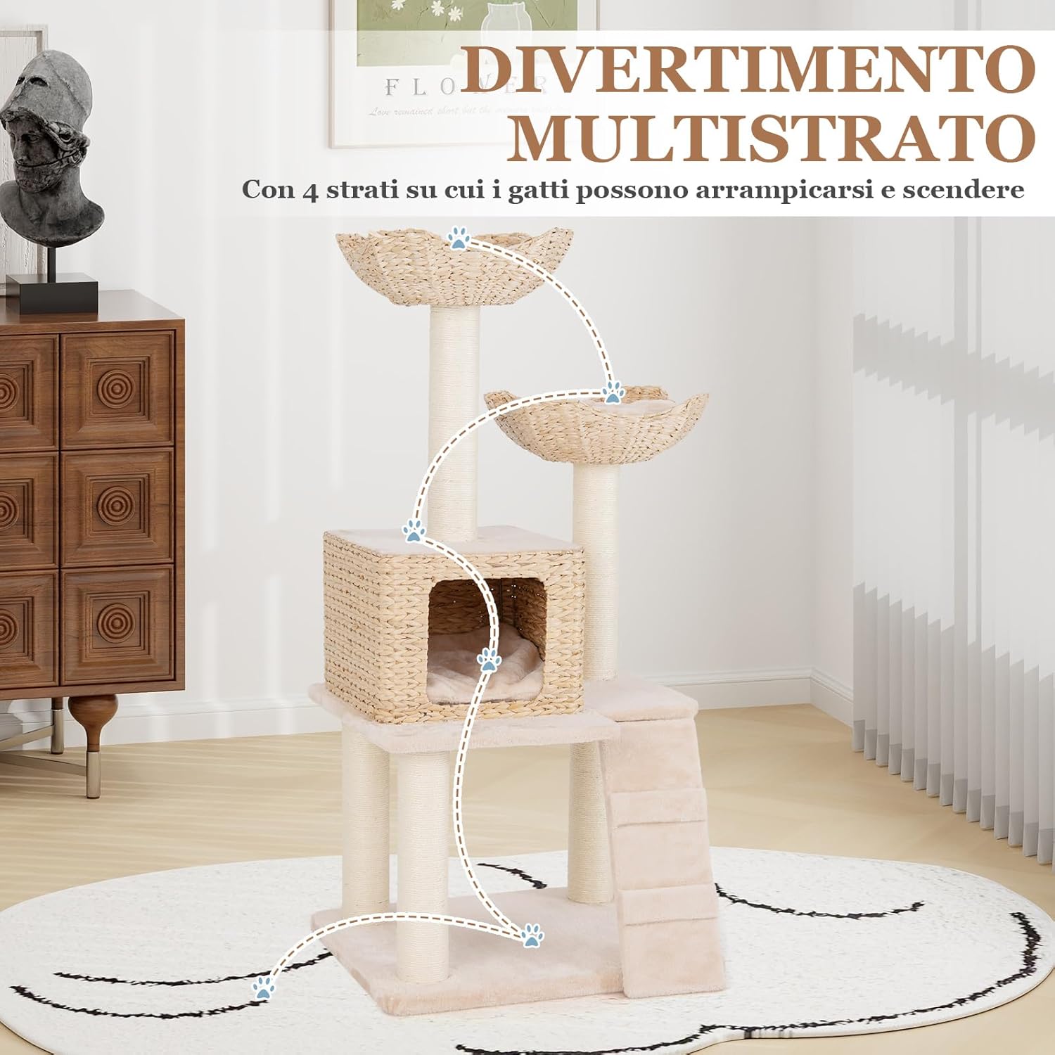 Tiragraffi per Gatti 122cm, Albero per Gatti con Posti per Graffiare in Sisal, Cuccia in Velluto a Coste, Scala e Cuscini Lavabili, Torre Cattail per Animali Domestici, Beige e Naturale