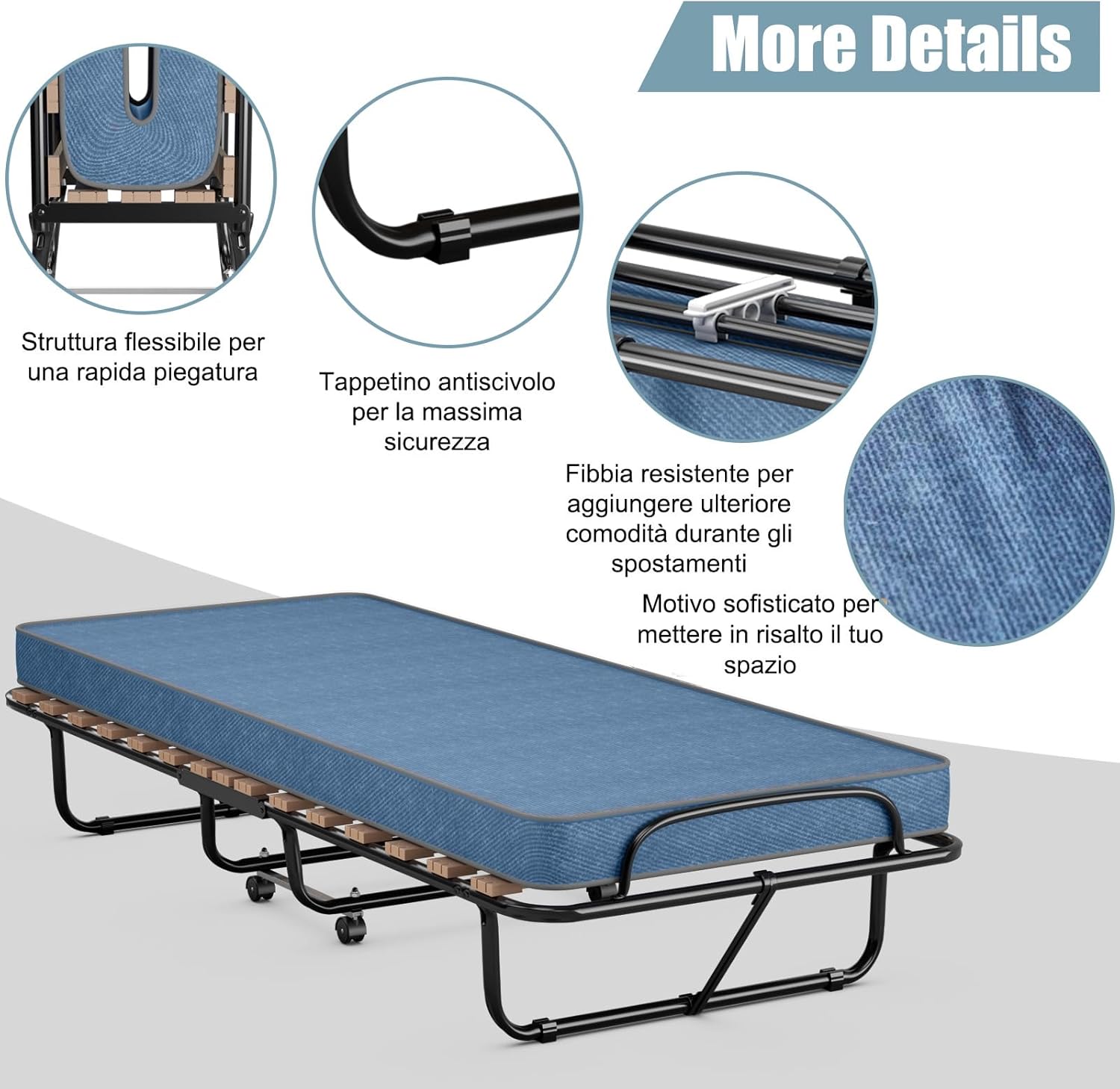 Brandina Pieghevole con Ruote Girevoli, con Materasso in Memory Foam, Lettino Pieghevole a Doghe 190x80 cm, Salvaspazio, Carico Massimo 130 kg (Blu)