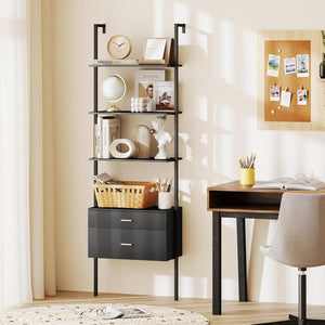 Libreria a Scala 184 cm, Scaffale da Parete a 6 Ripiani con 2 Cassetti e Struttura in Metallo, Ripiano Espositivo Aperto Moderno per Soggiorno Studio Ufficio, 60 x 30 x 184 cm (Nero)