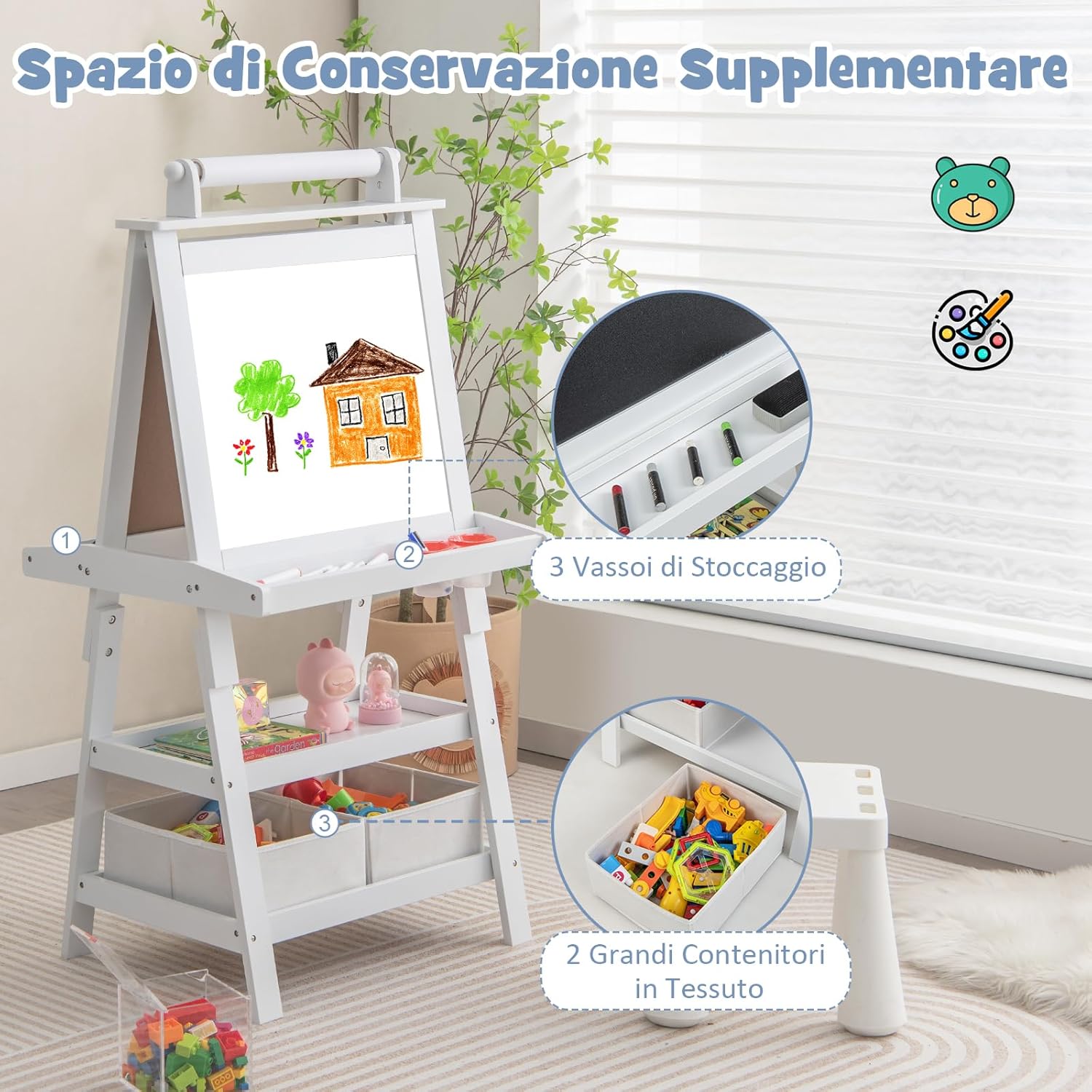 3 in 1 Cavalletto per Bambini con Doppia Faccia, Cavalletto per Disegno con 2 Vassoi e 2 Scatole, Lavagna Bambini in Legno (Bianco)