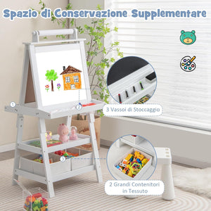 3 in 1 Cavalletto per Bambini con Doppia Faccia, Cavalletto per Disegno con 2 Vassoi e 2 Scatole, Lavagna Bambini in Legno (Bianco)