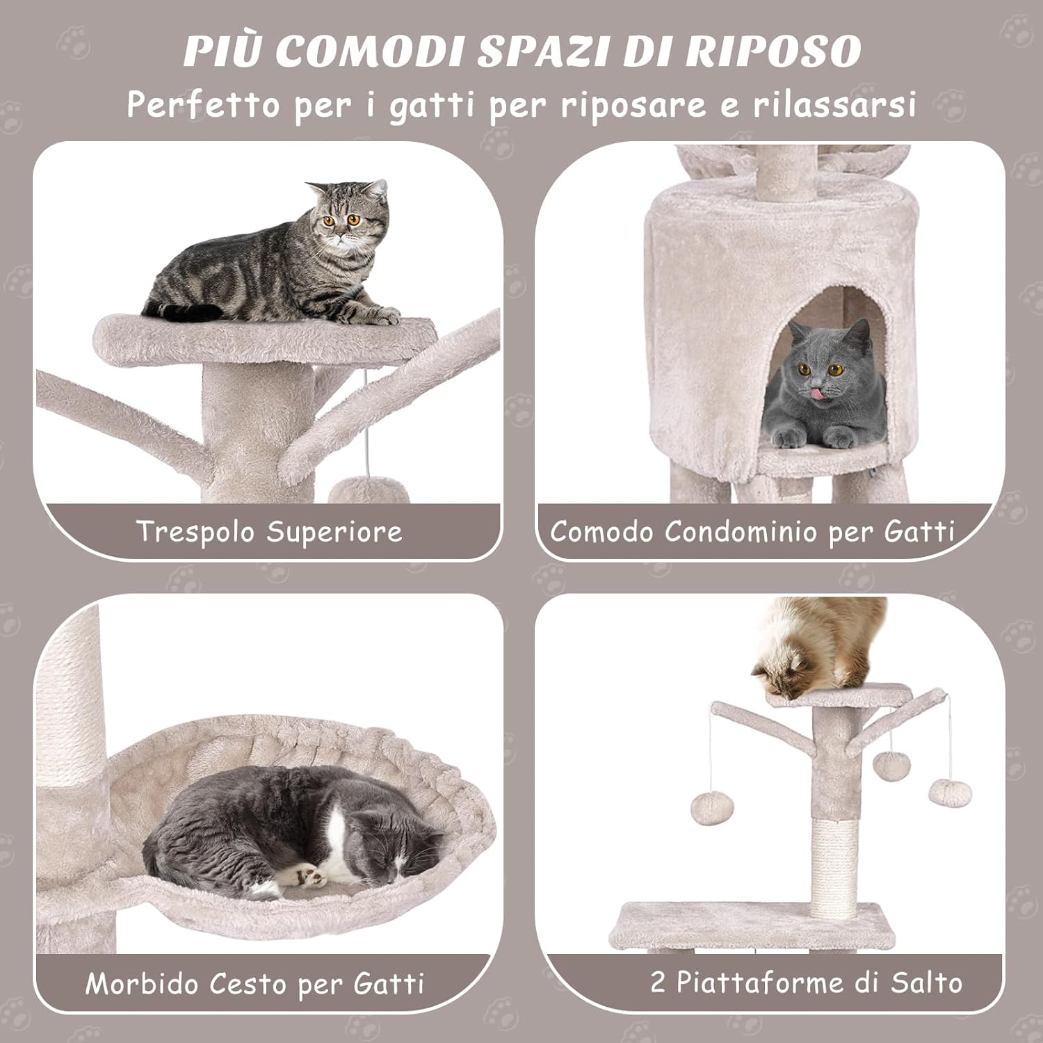 Tiragraffi per Gatti Alto 140 cm, Albero Tiragraffi Gatto con Tiragraffi in Sisal, Cesto, Piattaforma, Scala e Palline Pendenti, Torre Multi-Livello per Gatti da Interno