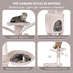 Tiragraffi per Gatti Alto 140 cm, Albero Tiragraffi Gatto con Tiragraffi in Sisal, Cesto, Piattaforma, Scala e Palline Pendenti, Torre Multi-Livello per Gatti da Interno
