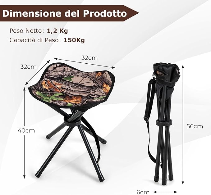 Set di 2 Sgabelli da Caccia Treppiede Pieghevoli, Sgabello da Esterno Pieghevole Leggero con Tracolla, Sgabello Treppiede Portatile per Campeggio, Caccia, Pesca, Viaggi, Carico Massimo 150 kg