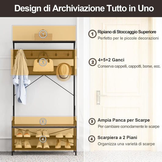 4 in 1 Appendiabiti da Ingresso, Armadio con Panca per Scarpe Scarpiera a 2 Ripiani, Struttura in Metallo e Kit Antivibrazione, 102 x 40 x 184 cm (Grigio)