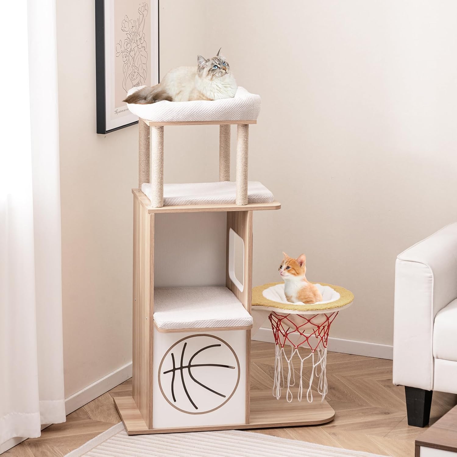 Tiragraffi in Legno 120cm, Torre con Graffiare in Sisal per Gatti a Tema Sportivo con 2 Piani, 2 Posatoi, Amaca e Cuscini Imbottiti, Mobile per Animali Domestici, Naturale