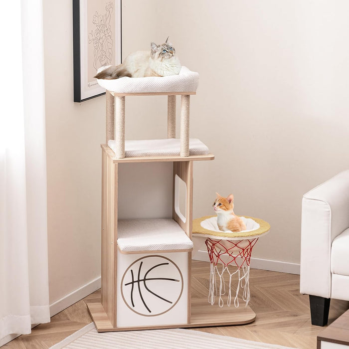 Tiragraffi in Legno 120cm, Torre con Graffiare in Sisal per Gatti a Tema Sportivo con 2 Piani, 2 Posatoi, Amaca e Cuscini Imbottiti, Mobile per Animali Domestici, Naturale