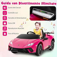 12V Lamborghini Auto Elettrica per Bambini, Macchina Elettrica Cavalcabile con Telecomando, Luci LED Musica e Funzione di Avvio Lento, 3-5 Km/h, per Bambini 3 Anni+ (Rosa)