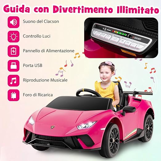 12V Lamborghini Auto Elettrica per Bambini, Macchina Elettrica Cavalcabile con Telecomando, Luci LED Musica e Funzione di Avvio Lento, 3-5 Km/h, per Bambini 3 Anni+ (Rosa)