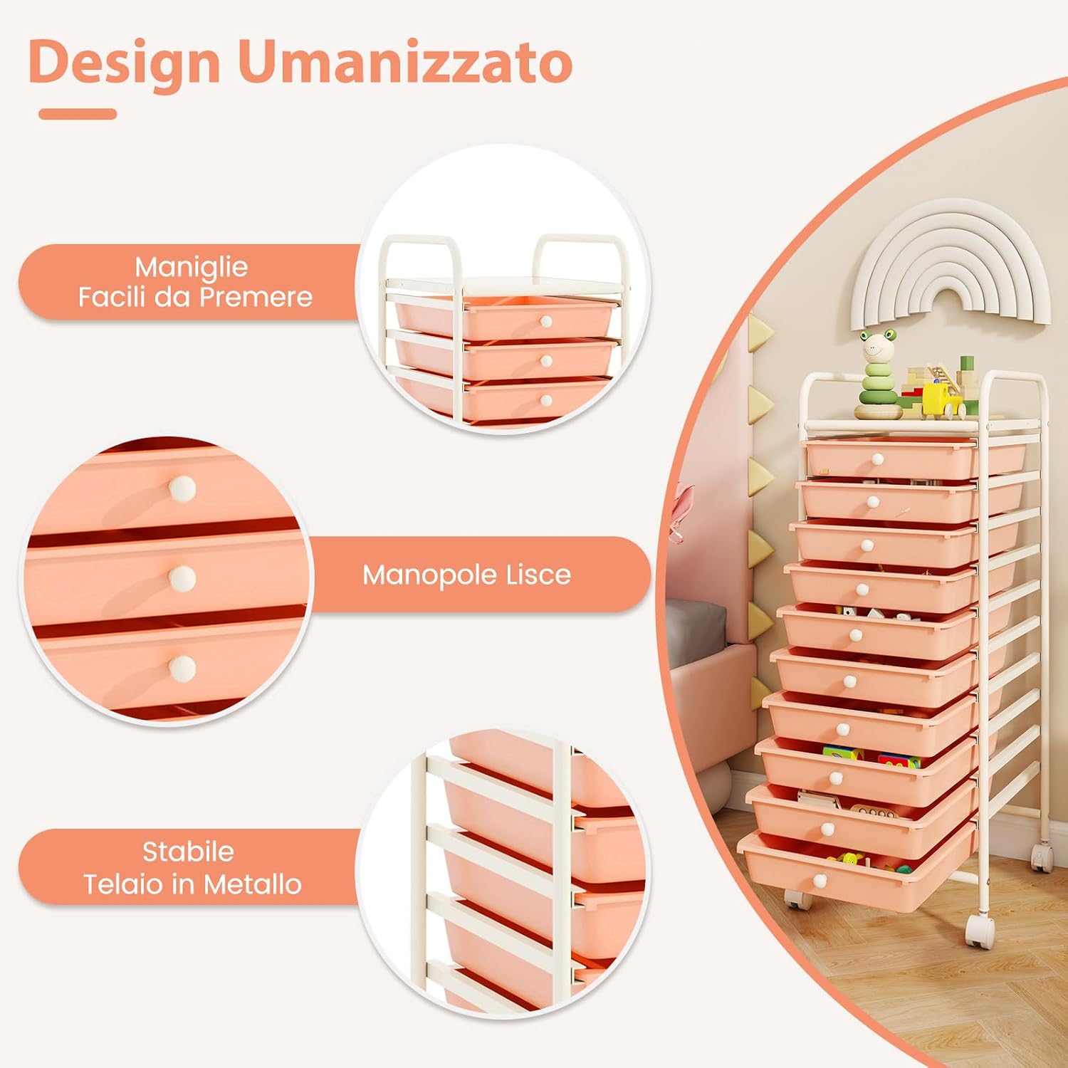 Carrello con 10 Cassetti da Stoccaggio, Cassettiera di Metallo e Plastica, Contenitore Multiuso con Ruote a Freno, per Casa e Ufficio (Arancia)