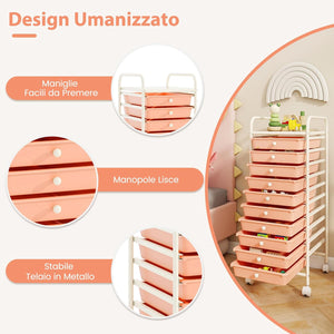 Carrello con 10 Cassetti da Stoccaggio, Cassettiera di Metallo e Plastica, Contenitore Multiuso con Ruote a Freno, per Casa e Ufficio (Arancia)