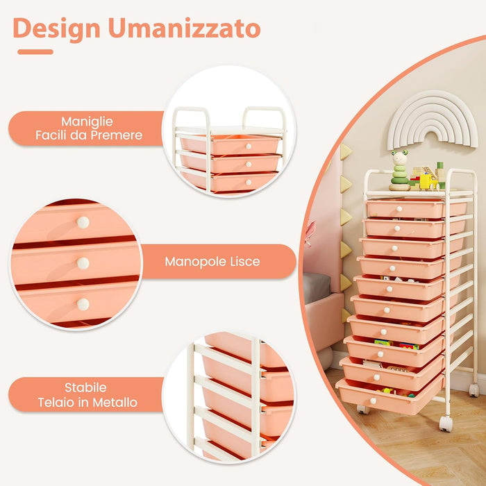 Carrello con 10 Cassetti da Stoccaggio, Cassettiera di Metallo e Plastica, Contenitore Multiuso con Ruote a Freno, per Casa e Ufficio (Arancia)