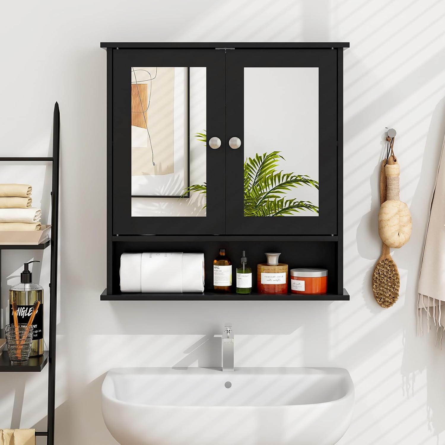 Armadietto da Bagno con Specchio, Armadietto da Parete con Ripiano Regolabile, Mobile da Parete per Bagno (Nero)