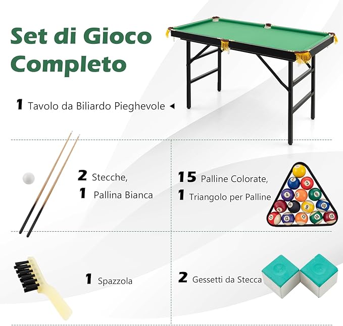 Tavolo da Biliardo Pieghevole, Mini Tavolo da Gioco Biliardo con Set di Accessori Stecche Palline Gessetti e Spazzola, Piedi Regolabili, per Sala Giochi bar Palestra, 122x64x78 cm