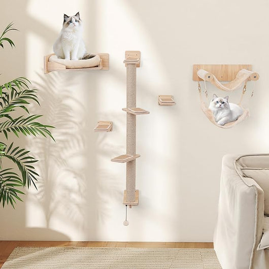 Mensole da Parete per Gatti, Set di Mobili con 2 Amache, Letto, Scalini, Pali Tiragraffi in Juta, Cuscini di Peluche, Arrampicatore in Legno per Gatti da Interno (Modello 1)