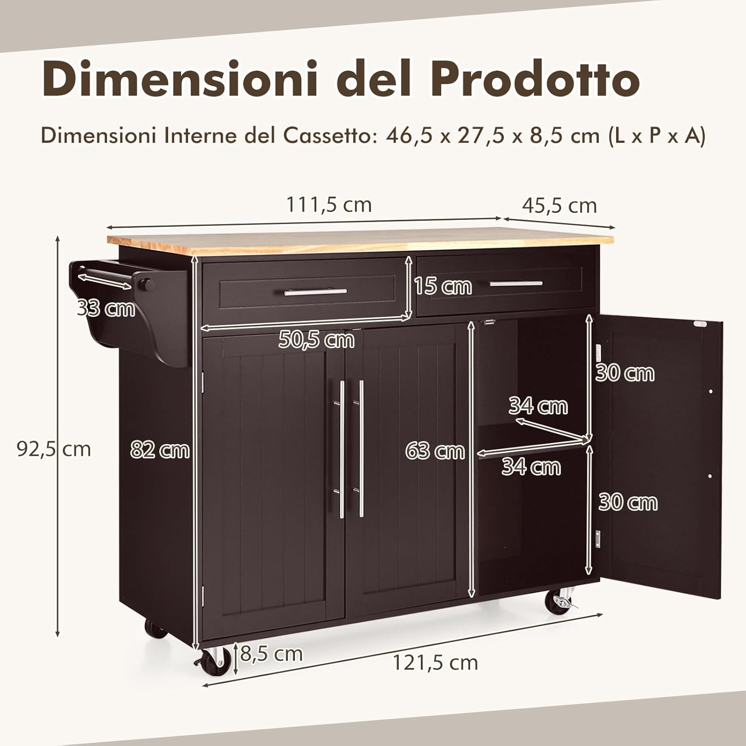 Carrello da Cucina, Carrello di Servizio con Ruote e Maniglia, 3 Ante e 2 Cassetti, Ideale per Cucina Ristorante Bar, 122x46x92,3 cm (Marrone)
