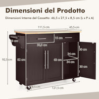 Carrello da Cucina, Carrello di Servizio con Ruote e Maniglia, 3 Ante e 2 Cassetti, Ideale per Cucina Ristorante Bar, 122x46x92,3 cm (Marrone)