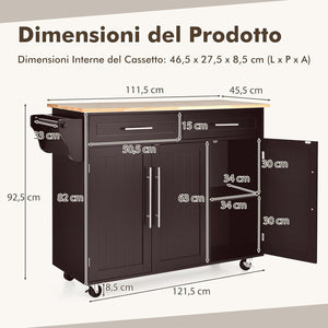 Carrello da Cucina, Carrello di Servizio con Ruote e Maniglia, 3 Ante e 2 Cassetti, Ideale per Cucina Ristorante Bar, 122x46x92,3 cm (Marrone)