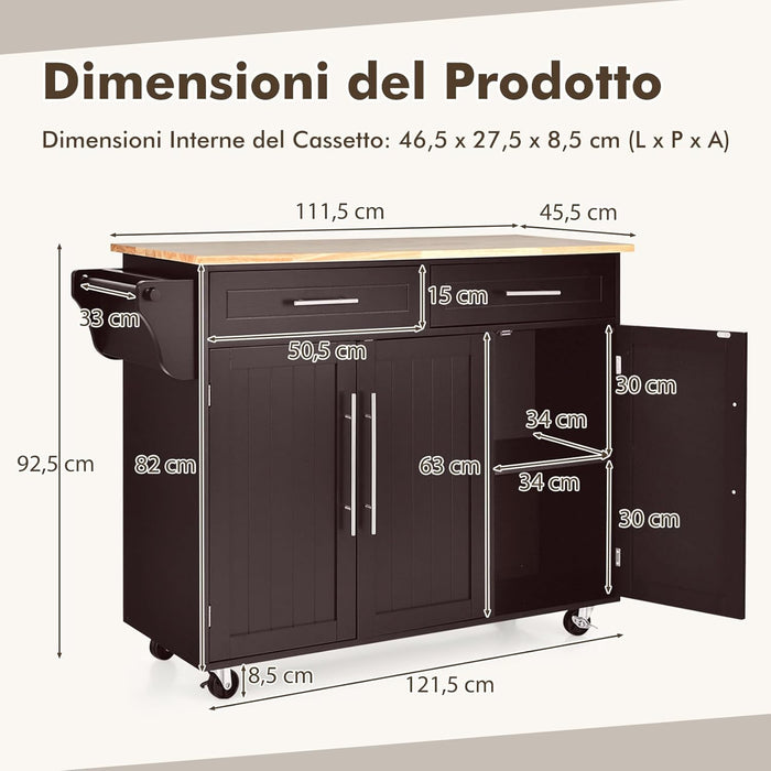 Carrello da Cucina, Carrello di Servizio con Ruote e Maniglia, 3 Ante e 2 Cassetti, Ideale per Cucina Ristorante Bar, 122x46x92,3 cm (Marrone)