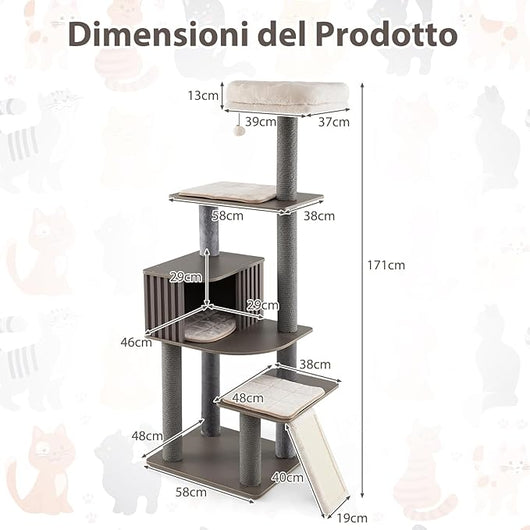 Albero per Gatti a 6 Livelli, Torre per Gatti Alta 171 cm con Cuscino, Condominio, Tappetini Staccabili e Pannello in Sisal, Albero Tiragraffi in Legno con Palla Pompom Appesa