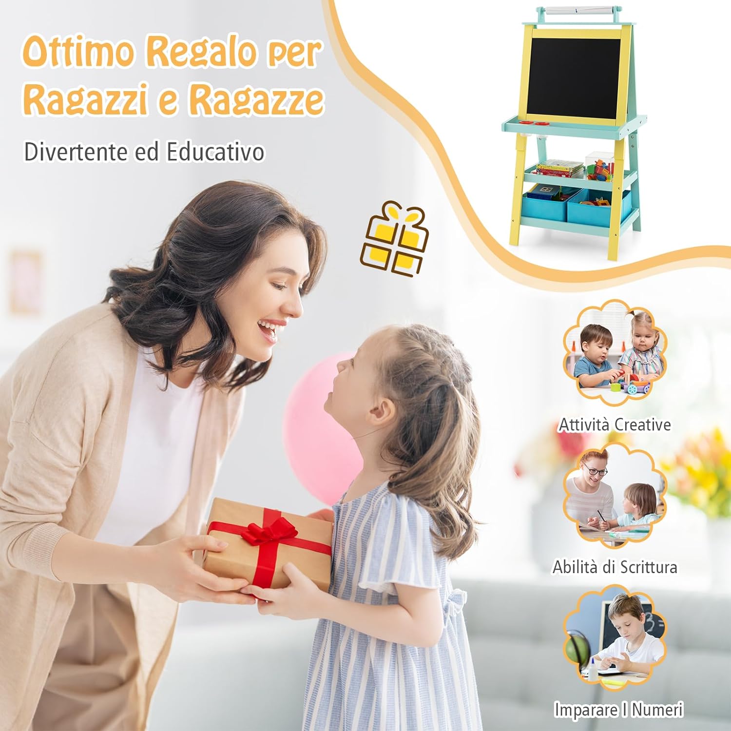 3 in 1 Cavalletto per Bambini con Doppia Faccia, Cavalletto per Disegno con 2 Vassoi e 2 Scatole, Lavagna Bambini in Legno (Verde)