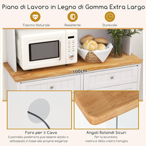Credenza Alta per Cucina Porta Bidone della Spazzaturi, Mobile Cucina Dispensa con 2 Cassetti, Ante e 2 Ripiani Regolabili, Armadio Cucina in Legno di Gomma, 100 x 34 x 172 cm, Bianco