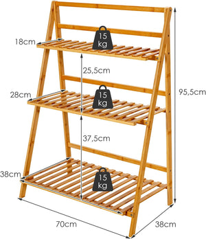 Scaffale Porta Piante Pieghevole in Bambù, Scaffale a Scala per Piante e Fiori con 3 Ripiani, Portapiante da Interno ed Esterno, Ideale per Terrazza, Giardino, Balcone e Portico