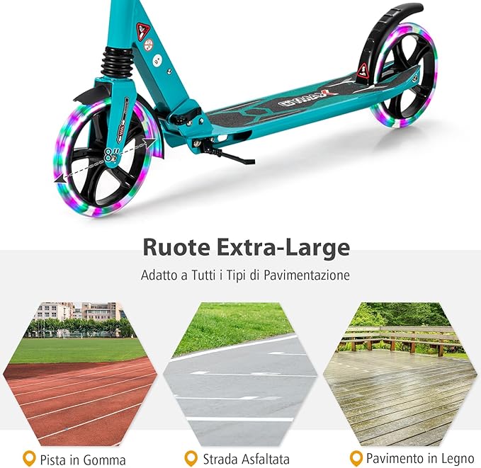 Scooter Monopattino a Spinta per Bambini Pieghevole e Regolabile in Altezza (91-106 cm), con Ruote Luminose e Cavalletto, Carico Massimo 100kg