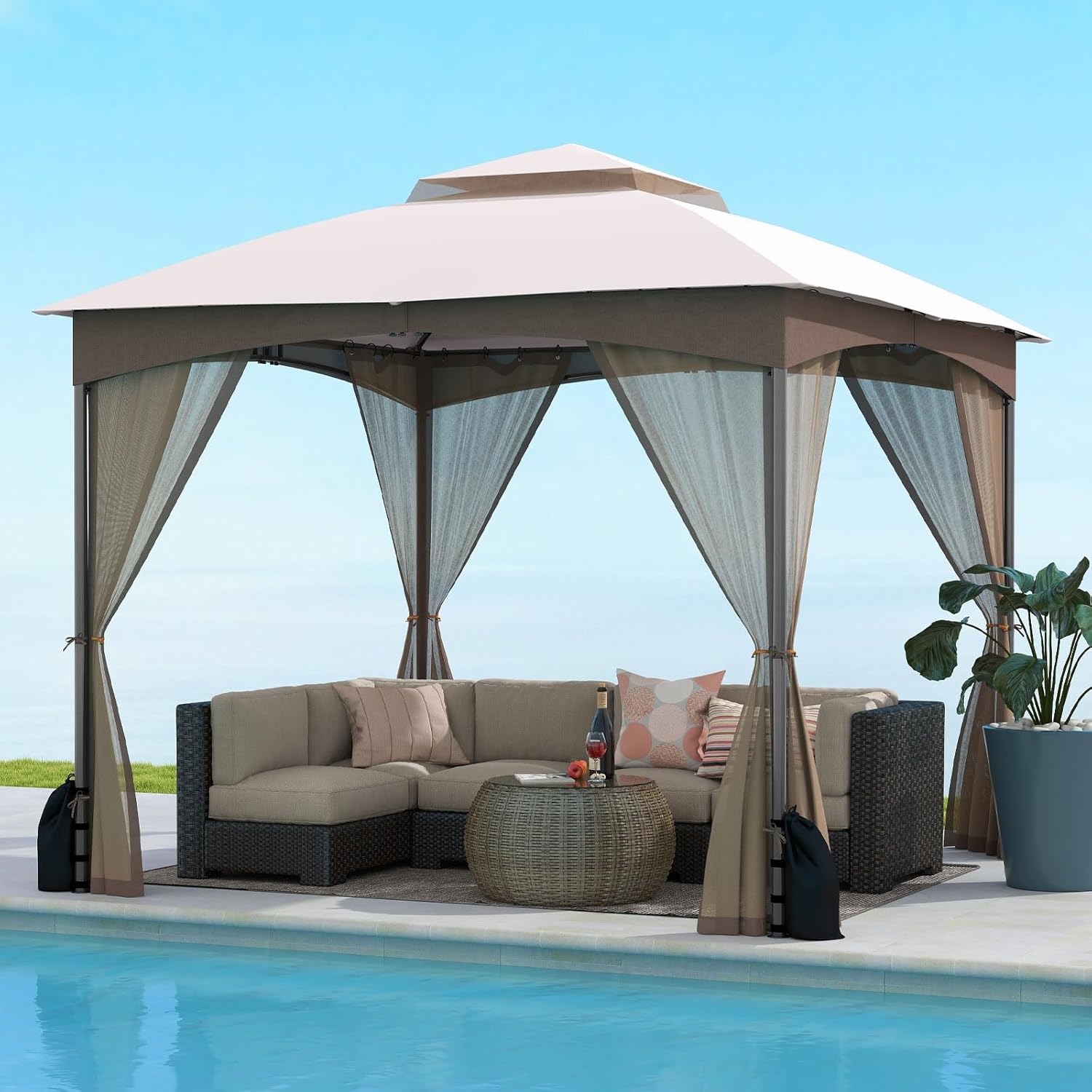Gazebo da Giardino 3 x 3 m, Gazebo Impermeabile con Rete Mesh Staccabile e Terro Ventilato a Doppio Strato, Tenda Regolabile in Altezza per Feste, BBQ e Picnic (Kaki)