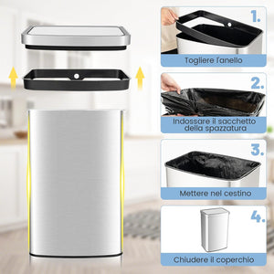 50L Cestino Automatico, Pattumiera Rettangolare con Sensore di Movimento Infrarosso, Coperchio a Chiusura Lento e Scatole di Carbonio Attivo, in Acciaio Inossidabile, 39x29,5x82 cm