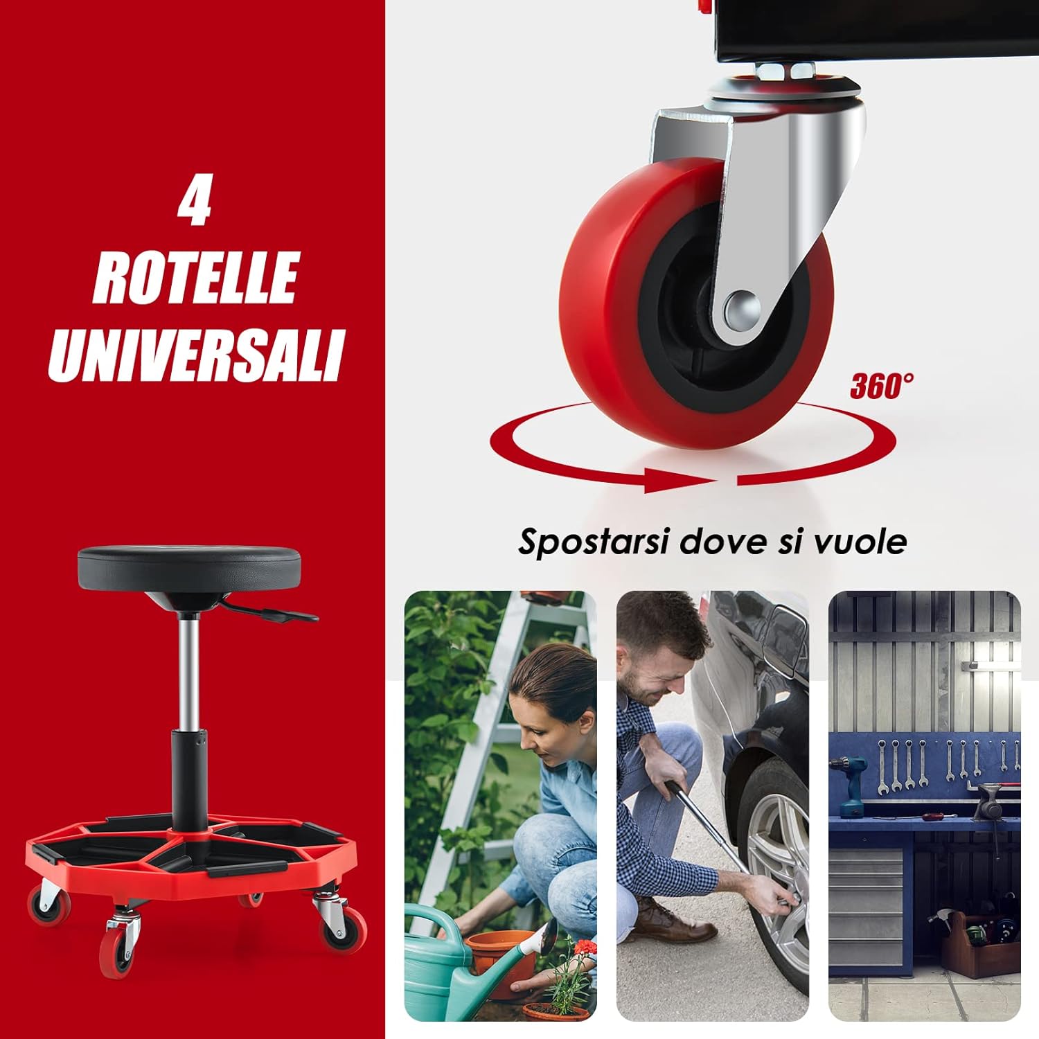 Sgabello da Officina con Ruote, con Ripiano per Attrezzi e Viti, Portata di 150 kg, Altezza Regolabile e Girevole, Sedia Meccanico per Garage, Officina