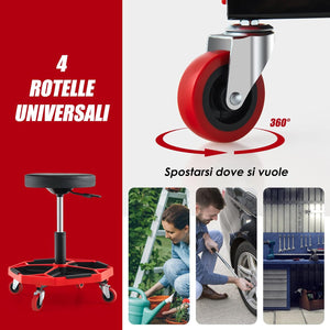 Sgabello da Officina con Ruote, con Ripiano per Attrezzi e Viti, Portata di 150 kg, Altezza Regolabile e Girevole, Sedia Meccanico per Garage, Officina