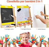 Cavalletto 3 in 1 Pieghevole per Bambini, Cavalletto Artistico di Legno con Altezza Regolabile, con Doppia Lavagna e Vassoio (Giallo)