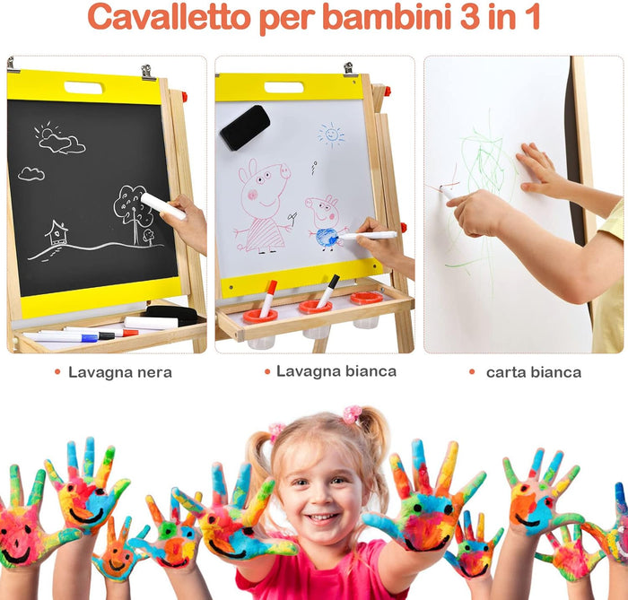 Cavalletto 3 in 1 Pieghevole per Bambini, Cavalletto Artistico di Legno con Altezza Regolabile, con Doppia Lavagna e Vassoio (Giallo)