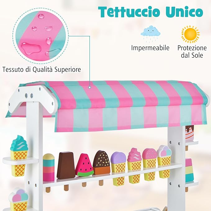 Carretto per Gelato con Accessori per Bambini, Giocattolo Educativo di Carretto per Gelato con Scaffale per l'Esposizione, Compartimento di Congelamento Simulato, con 2 Ruote, 3 Anni+