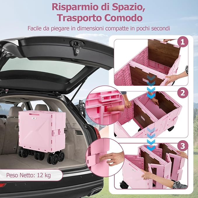 Carrello da Spiaggia Pieghevole 150 L, Carrello con Ruote Portatutto con Armadio a 2 Livelli e Manico Telescopico in Metallo, Carretto Giardino Portatile per Campeggio, Portata 120 kg (Rosa)