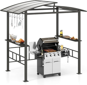 Gazebo Barbecue 248 x 150 x 232 cm, Gazebo con Struttra in Metallo con Tetto in Policarbonato Ventilato, Mesnole Laterali e Ganci, Tenda per Giardino, Patio e Cortile