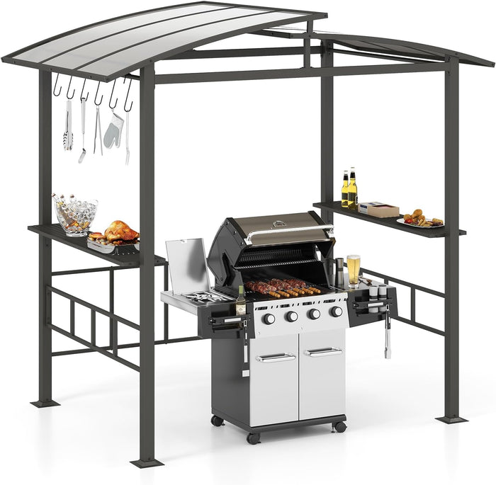 Gazebo Barbecue 248 x 150 x 232 cm, Gazebo con Struttra in Metallo con Tetto in Policarbonato Ventilato, Mesnole Laterali e Ganci, Tenda per Giardino, Patio e Cortile