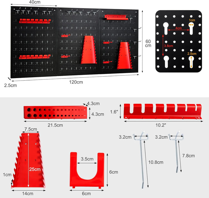 Pannello Forato Portautensili Parete per Attrezzi, Kit per Conservazione degli Attrezzi con 3 Pannelli Forati 25 Accessori, Ideale per Officina e Garage,120 x 60 x 2,5 cm