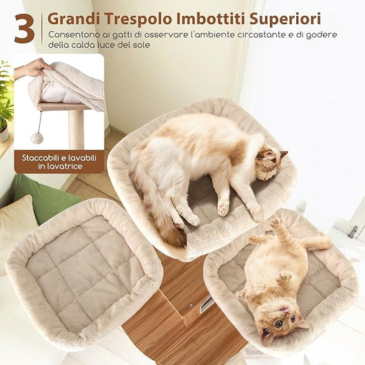 Tiragraffi per Gatti 168 cm, Albero per Animali Domestici con 3 Piattaforme, Condo, Tiragraffi in Sisal, Scala e Palline Appesse, Mobile da Arrampicata con Multi Livelli