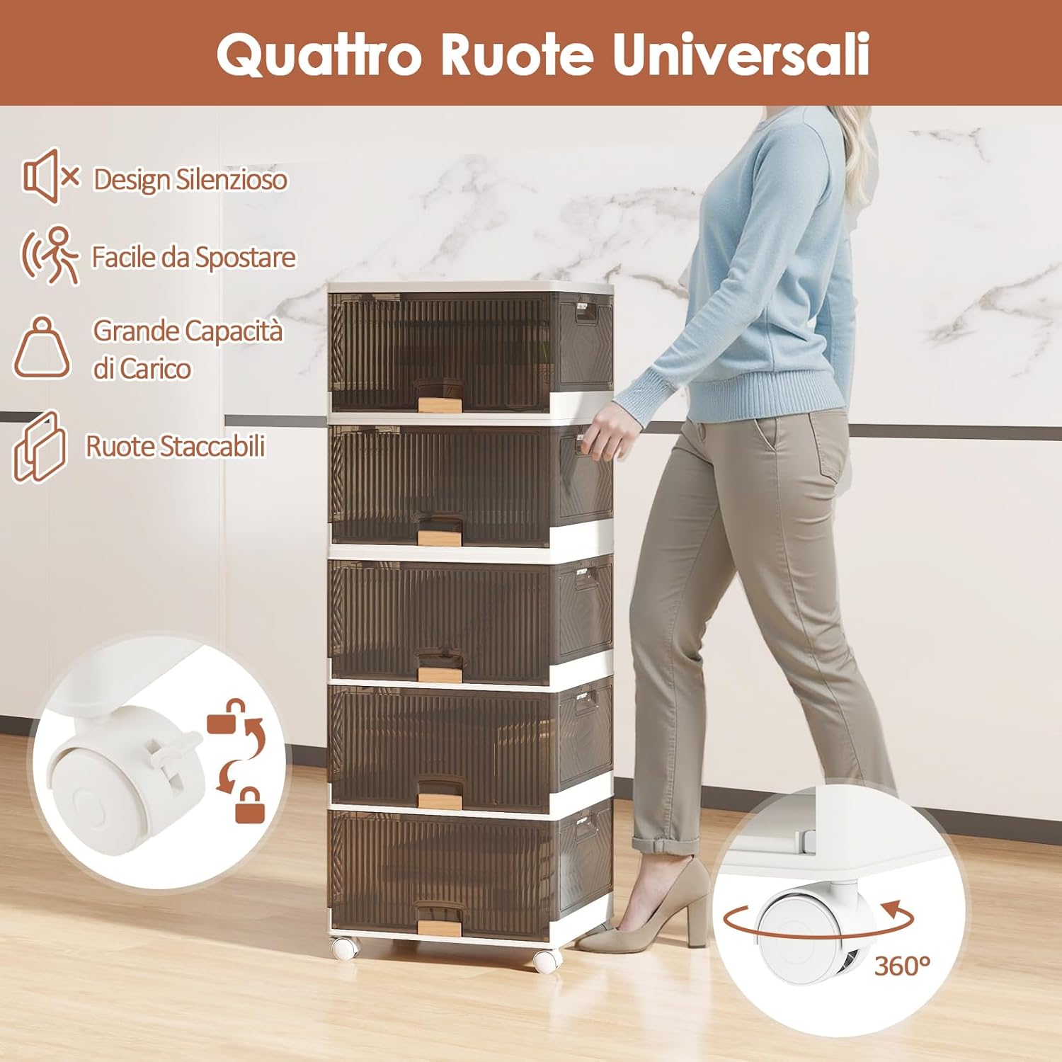 Scatole Immagazzinaggio Impilabili e Pieghevole con Ruote, Contenitore a 5 Ripiani con Coperchi, Organizzatori Trasparente, per Camera da Letto e Soggiorno, Bianco (37,5 x 27,5 x 101,5 cm)