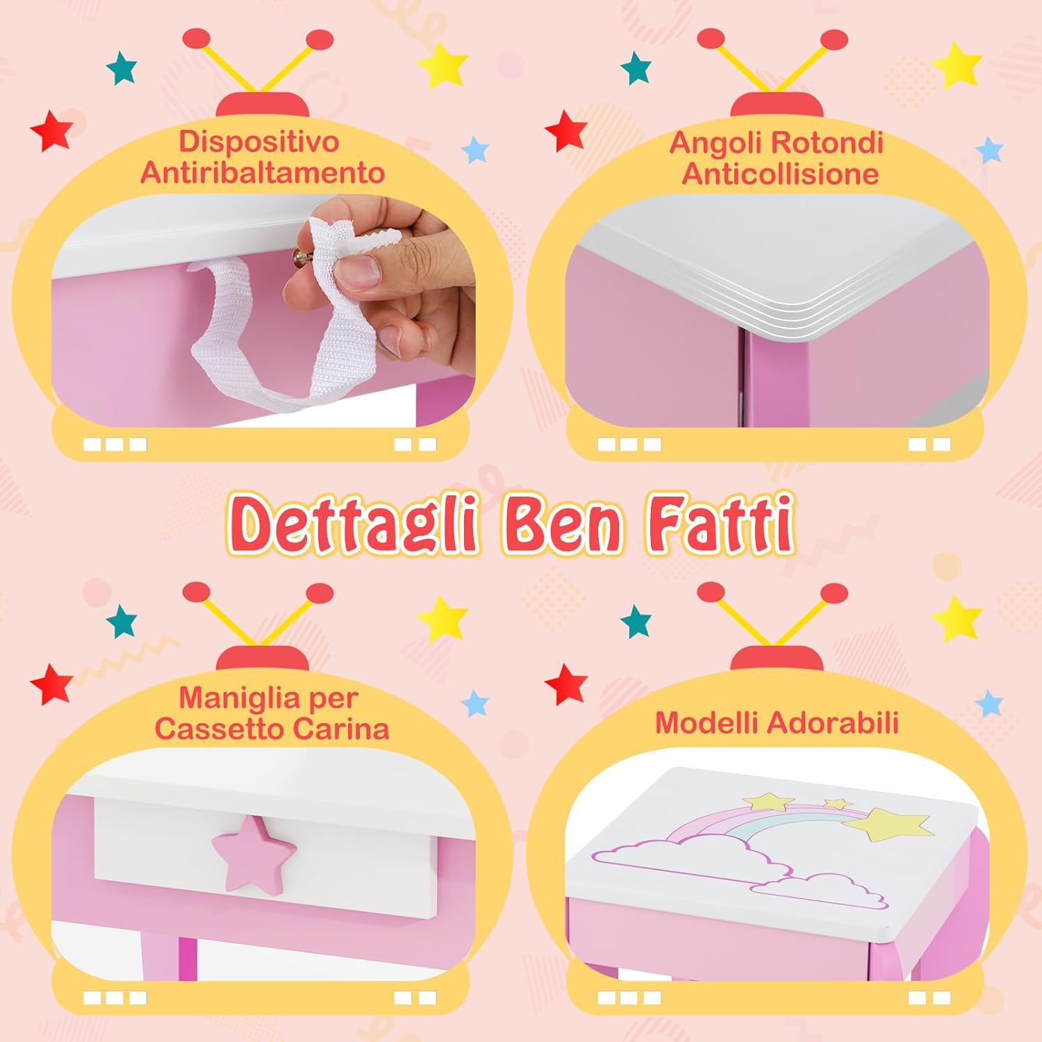 Set Toeletta per Ragazza, Toeletta Trucco per Bambini con Sgabello, Specchio Staccabile e Cassetto, Postazione Trucco in Legno per Cameretta 49.5 x 35.5 x 89cm (Rosa)
