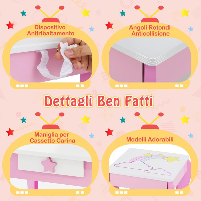 Set Toeletta per Ragazza, Toeletta Trucco per Bambini con Sgabello, Specchio Staccabile e Cassetto, Postazione Trucco in Legno per Cameretta 49.5 x 35.5 x 89cm (Rosa)