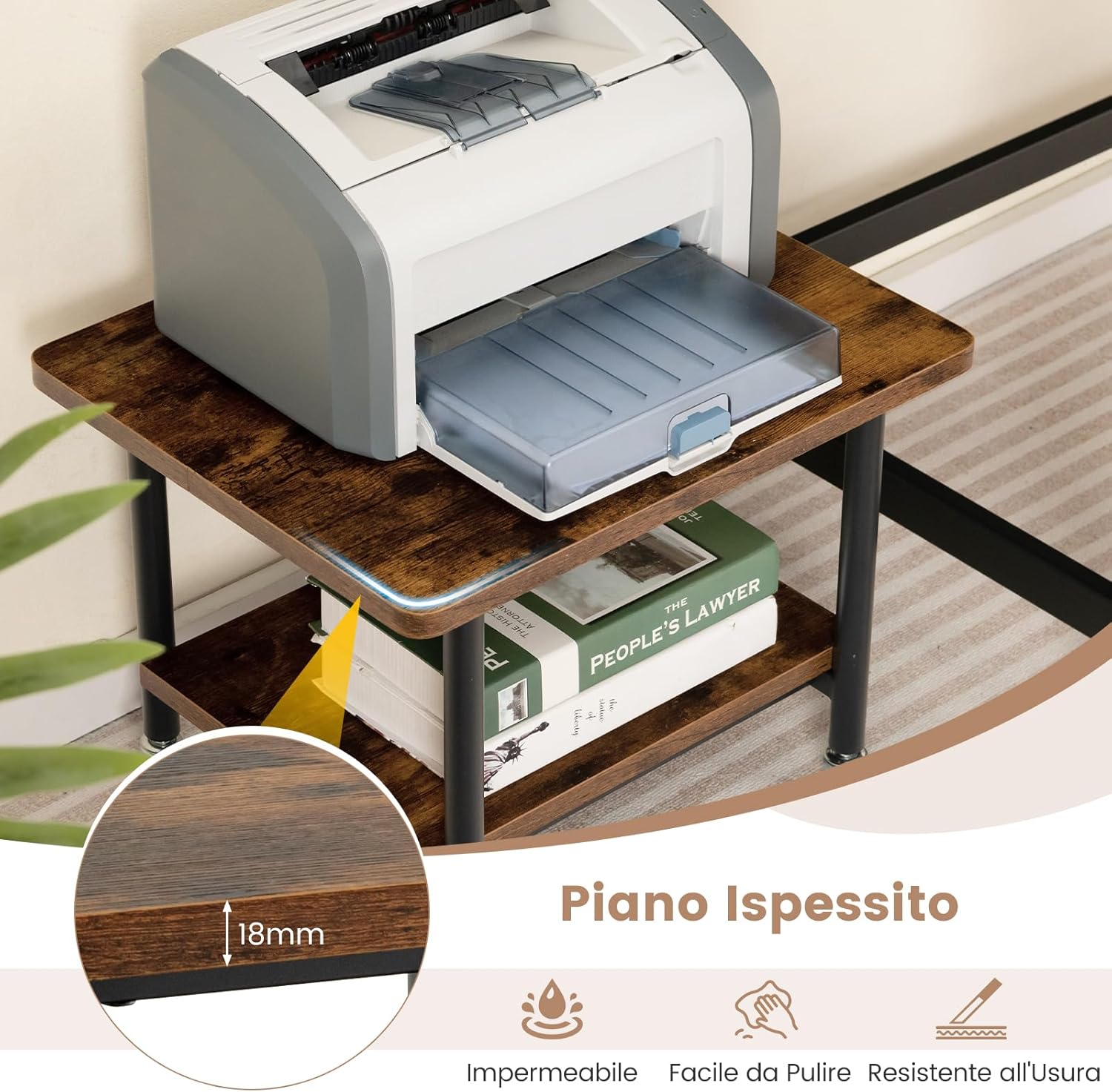 Supporto per Stampante, Carrello Stampante con Ruote Girevoli a 360⁰, Design Rimovibile, Superficie Ampia e Liscia, di Legno e Acciaio, 49 x 40 x 37 cm (Marrone)