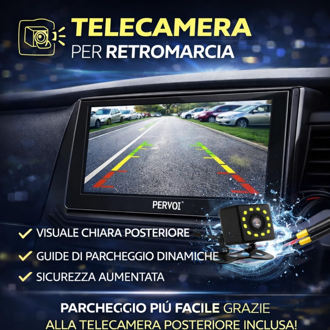 Autoradio 2 DIN 7" Touchscreen HD, Apple CarPlay e Android Auto Wireless, Bluetooth, Controllo Volante, Universale con Telecamera Retromarcia Inclusa