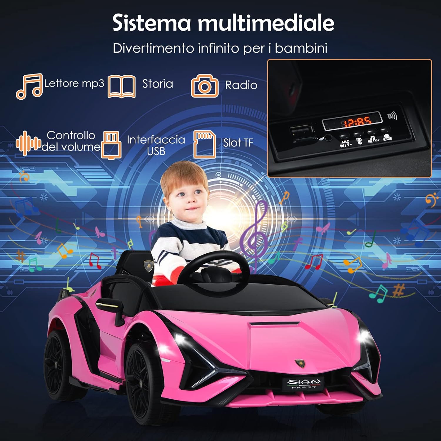 Macchina Elettrica Lamborghini per Bambini da 12V, Veicolo Elettrico Cavalcabile con Luci LED MP3 Telecomando, Fino a 5km/h, +3 Anni (Rosa)